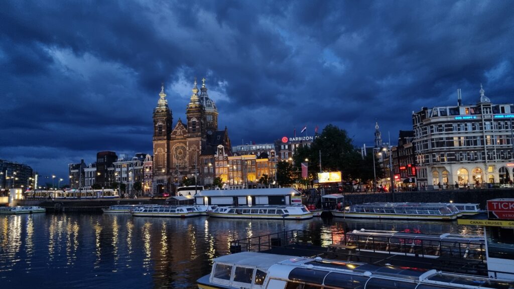 Basilica of St. Nicholas in Amsterdam in the evening